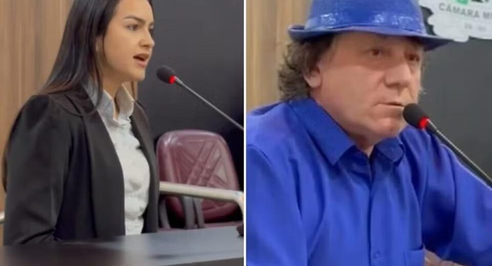 Vereadora Naiara Miranda (MDB) e prefeito Josemar Kasarin (UB) em sessão na Câmara dos Vereadores em Colinas do Tocantins