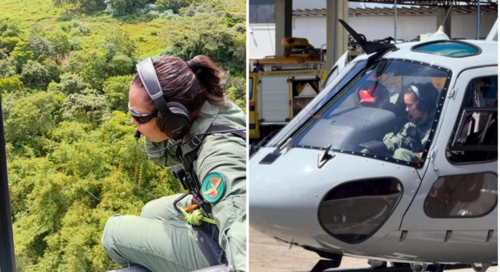Soldado Stival (esquerda) e tenente Anaise (direita) durante operação do Centro de Operações Aéreas (COA) (Divulgação/CBMGO)