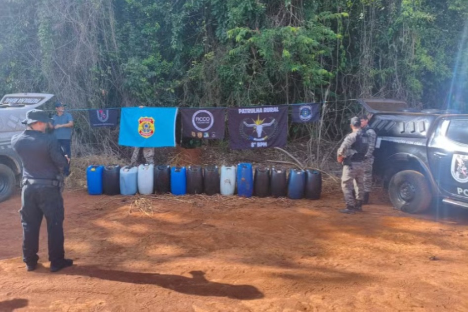 Policiais encontraram combustível de aviação escondido em área de mata — Foto: Difulgação/PF-TO