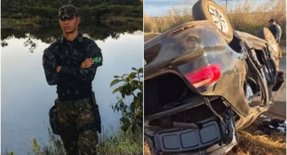 Jovem militar morre após carro capotar — Foto: Reprodução/ TV Anhanguera| Divulgação Corpo de Bombeiros