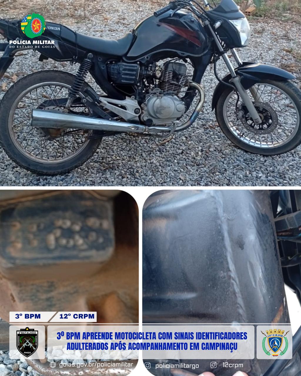 Adolescente é apreendido com motocicleta adulterada após perseguição policial em Campinaçu