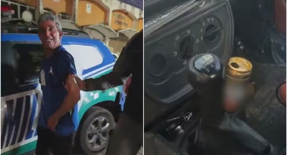 Homem sorrindo enquanto é preso por embriaguez — Foto: Reprodução/ TV Anhanguera
