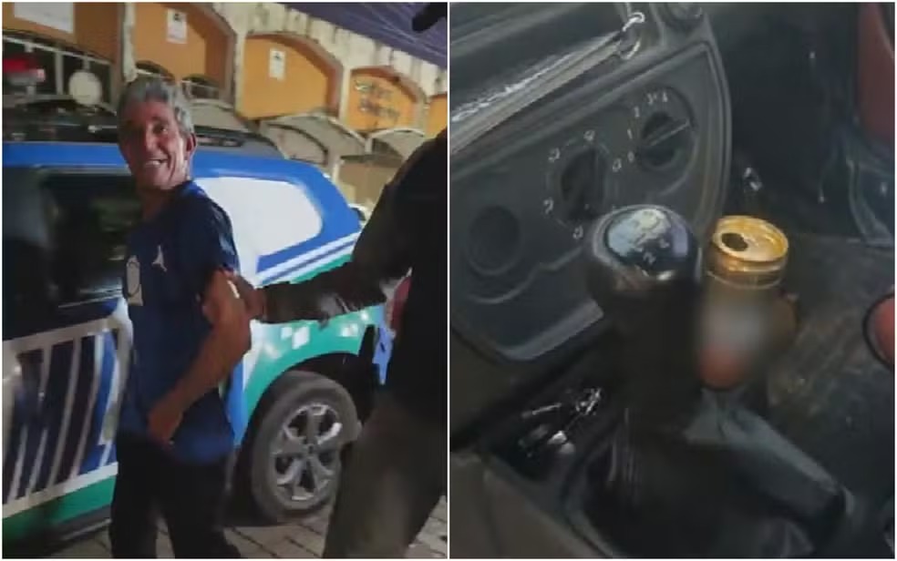 Homem sorrindo enquanto é preso por embriaguez — Foto: Reprodução/ TV Anhanguera