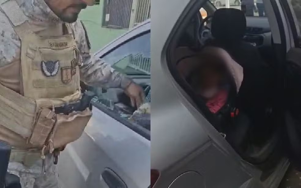 Policiais penais precisaram quebrar vidro de carro para socorrer bebê de 10 meses que ficou presa acidentalmente, em Trindade — Foto: Reprodução/TV Anhanguera