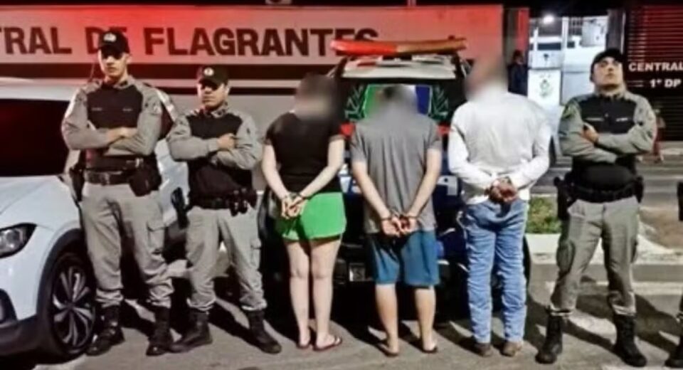 Dois homens e uma mulher foram presos em Inhumas suspeitos de sequestro e roubo — Foto: Reprodução/TV Anhanguera