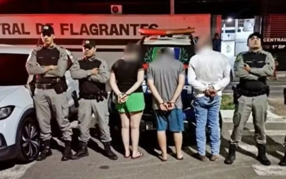 Dois homens e uma mulher foram presos em Inhumas suspeitos de sequestro e roubo — Foto: Reprodução/TV Anhanguera